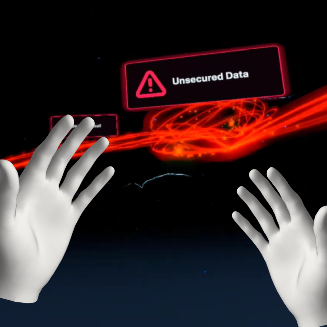 VR-Haende vor einer Warnung Unsecured Data im Cybersecurity-VR-Training