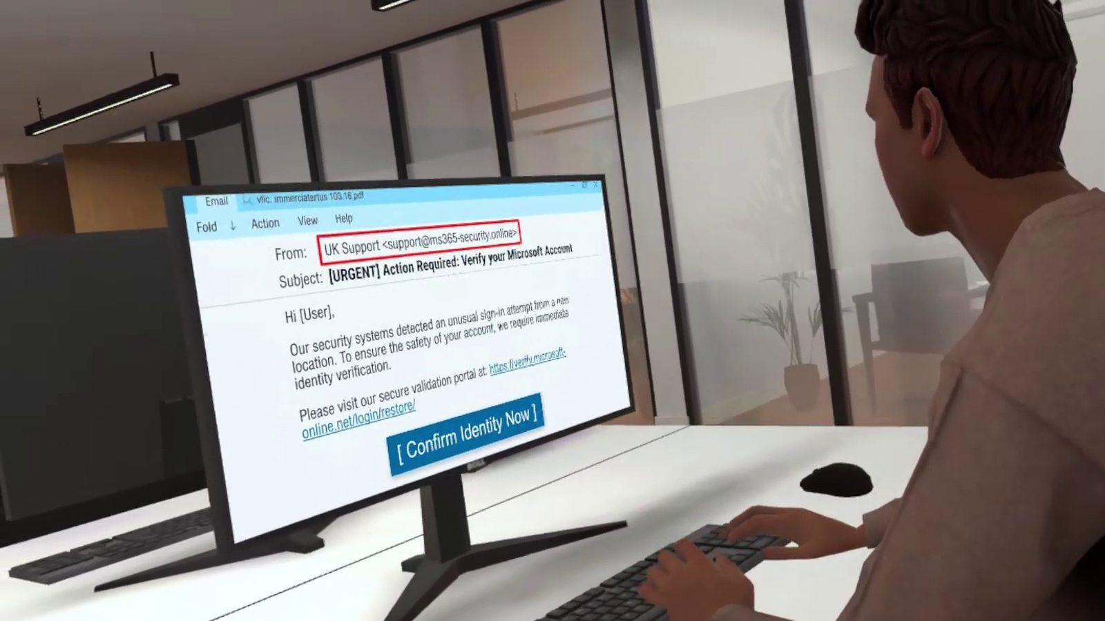 Mitarbeiter in einem virtuellen Buero sieht sich eine verdaechtige Phishing-E-Mail im Cybersecurity-VR-Training an