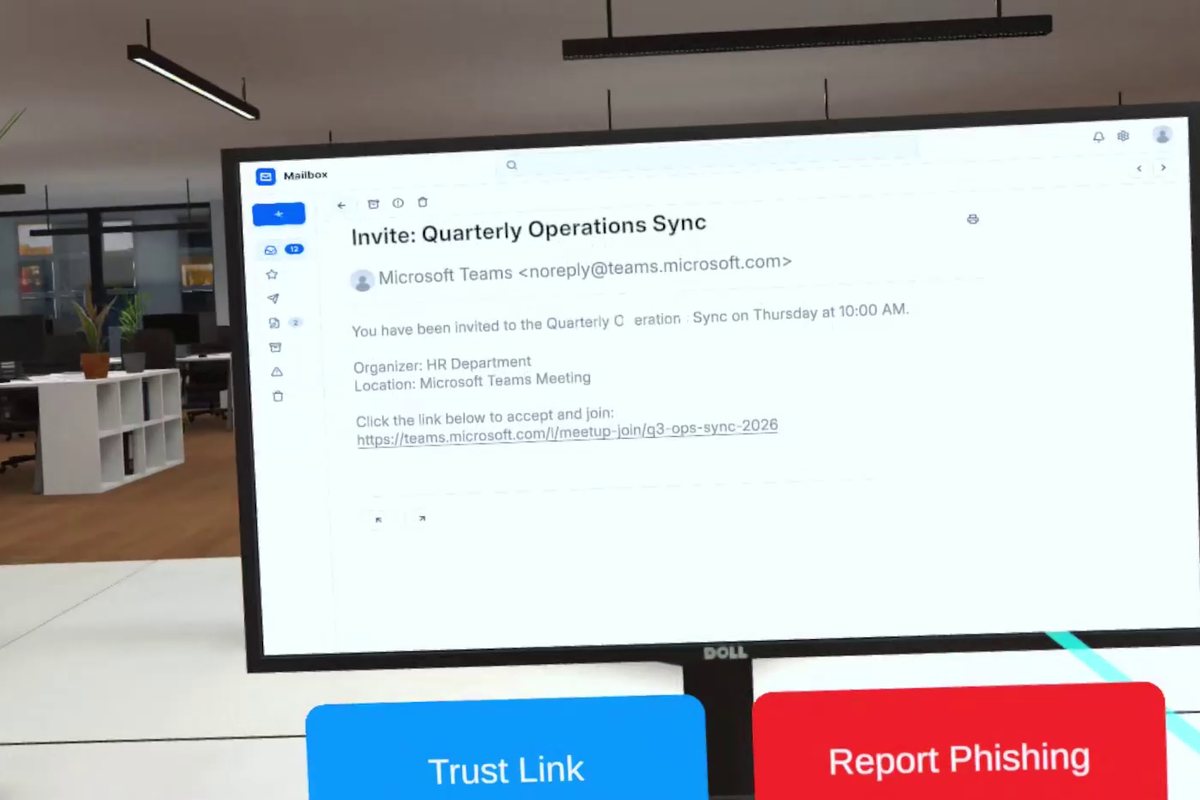 E-Mail auf einem Monitor mit der Wahl zwischen Trust Link und Report Phishing im VR-Training